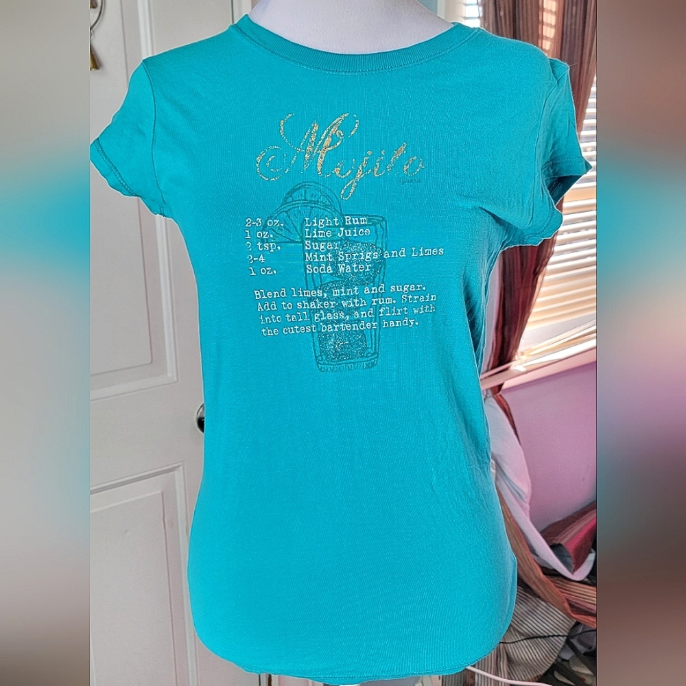 Vintg Y2K Guess Graphic Babydoll Tee Women's XL Teal Gold Mojito 100% Cotton